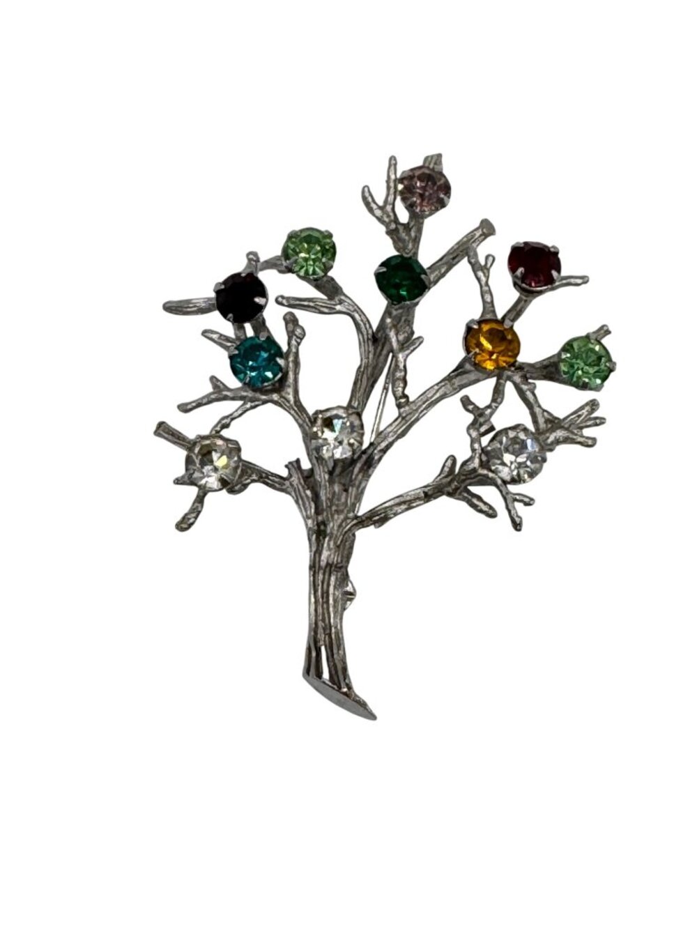 Vintage Sterling Silver Multi-Color Rhinestone Tree of Life Brooch Pin Nature